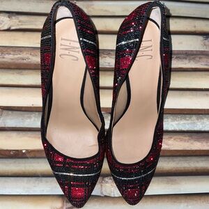 INC International Concepts Red and Black Sequin Plaid Heels